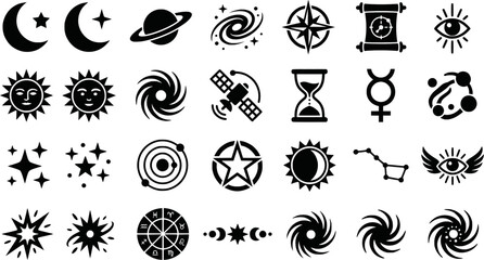 Fototapeta premium Collection of black and white esoteric symbols hand-drawn in a vintage engraving style, featuring celestial objects, alchemical signs, a compass, and a mystical winged eye