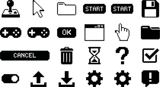 Set of pixel art user interface icons in a retro 8-bit computer style, featuring a cursor, folder, floppy disk, and joystick for a vintage gaming or old OS concept