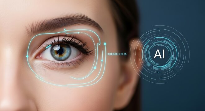 Close-up of a woman's eye with AI-powered glasses and futuristic interface scanning her iris