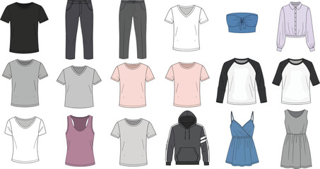 Fototapeta premium Set of casual wear clothing technical sketches