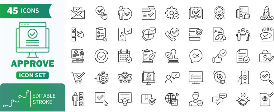 Approve outline icons set . Collection of check, and validation line icons representing agreement, verification, and more. 