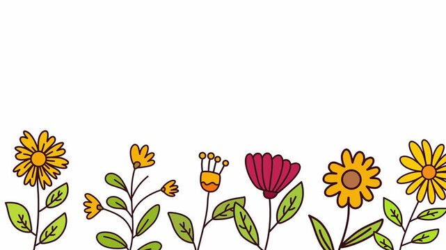 row of various spring flowers growing at bottom of frame