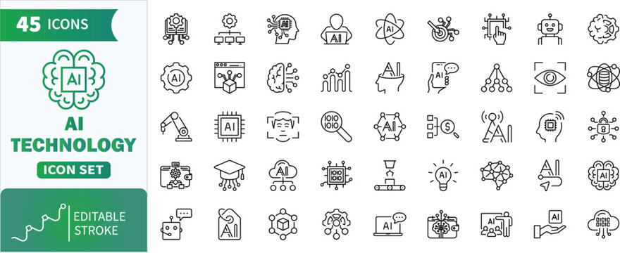 Set of ai line icons illustrating robotics, data science, and advanced computing processes