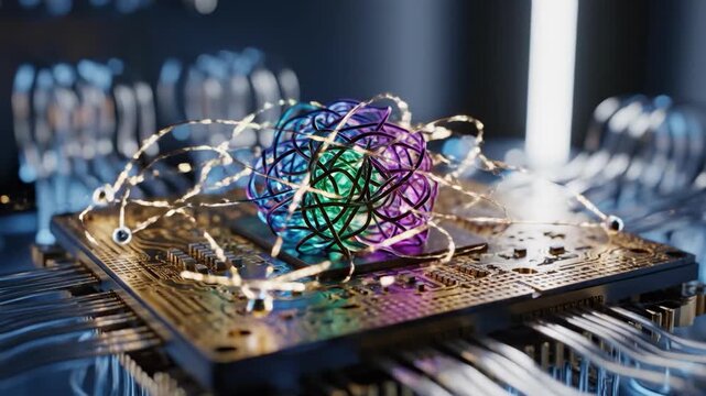 A futuristic computer chip with quantum computing elements, conveying innovation and cutting-edge technology.
