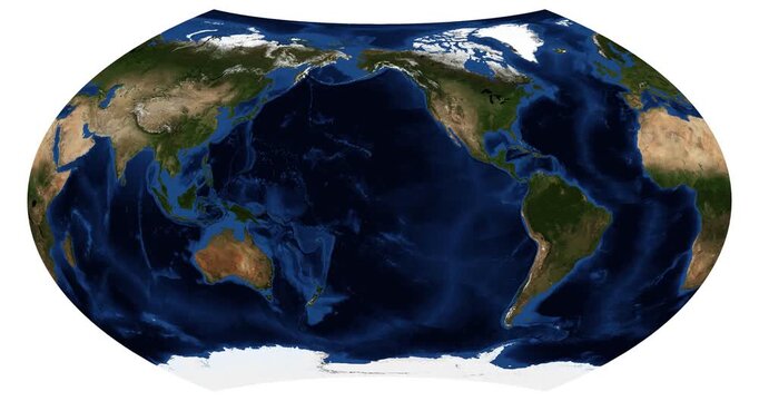 World Map in Wagner Projection. Animated longitude shift rotation. High detail physical Earth view. June View. Elements of this video furnished by NASA.