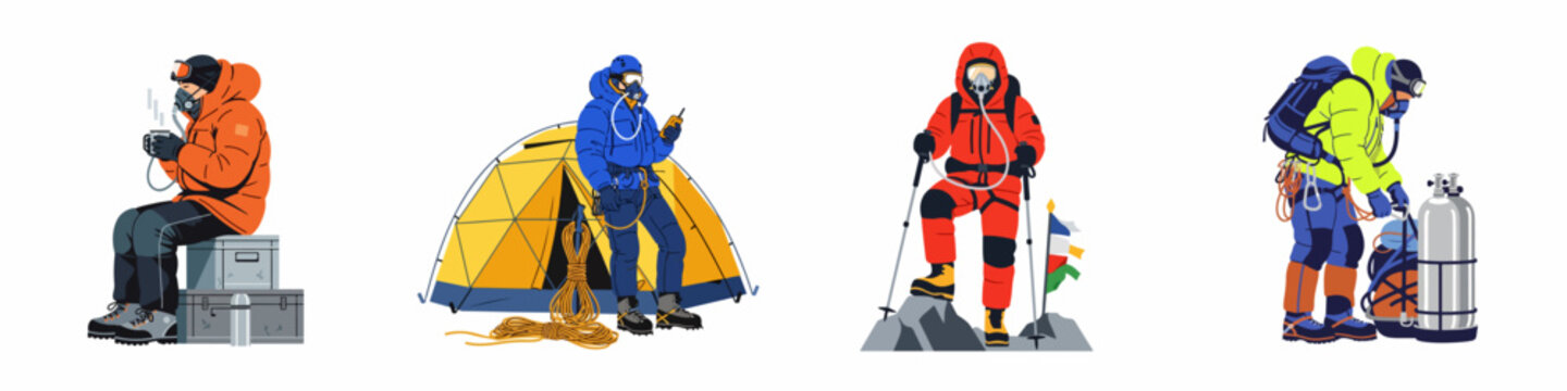 Set of four illustrations depicting professional mountaineers in extreme cold weather gear, using oxygen masks and climbing equipment for high-altitude expeditions.
