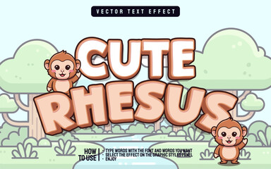 Cute rhesus monkey editable text effect with kawaii cartoon style, jungle background, playful typography design for kids content and branding © MamaVector