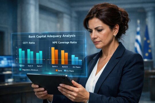 Bank Capital Adequacy and NPE Coverage Ratio Analysis with Financial Analyst Using Tablet