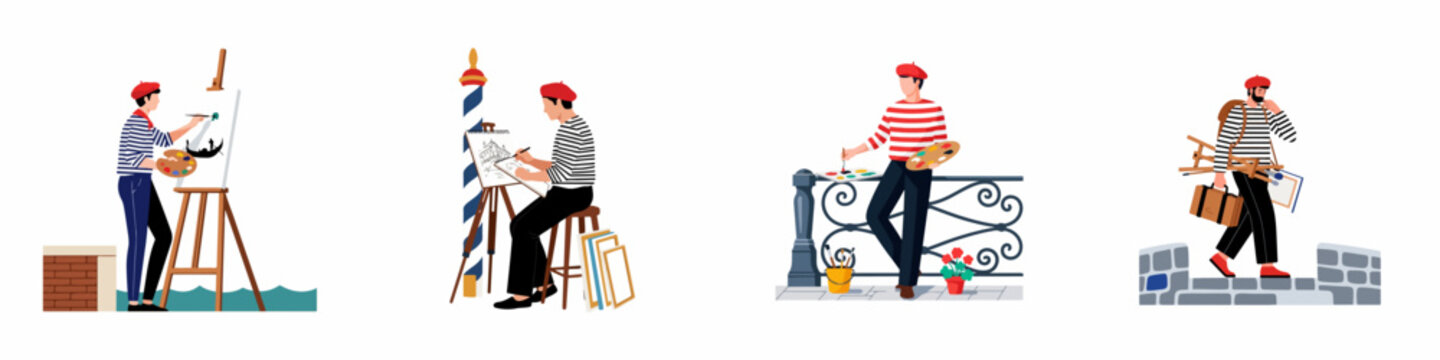 Set of flat vector illustrations featuring a French artist character in various activities like painting, sketching, and walking with art equipment.