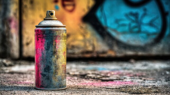 A Worn Spray Can with Colorful Paint Residue on a Textured Urban Surface, Representing Street Art and Creativity