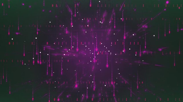 Abstract digital data stream motion, binary code falling in purple light animation video