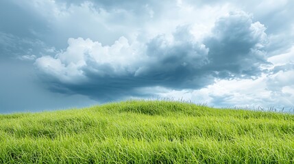 Obraz premium Lush Green Grass Under Dramatic Clouds Before Stormy Weather in Nature Landscape