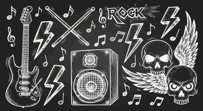Rock music symbols with guitar, skulls and speaker on black background