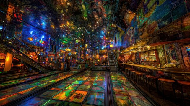 A dazzling and distorted funhouse mirror hall filled with vibrant, colorful reflections and illuminated details.