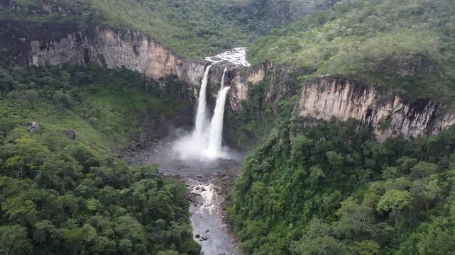 Aerial images of Chapada dos Veadeiros National Park, Salto do Rio Preto waterfalls &ndash; Brazil