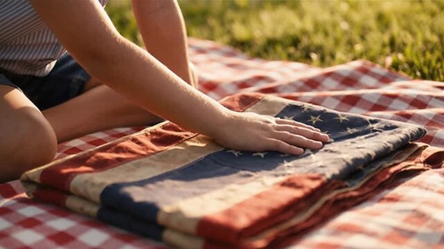 Child's hand gently smooths an American flag blanket on a red and white checkered picnic blanket in a sunny outdoor setting during a holiday celebration