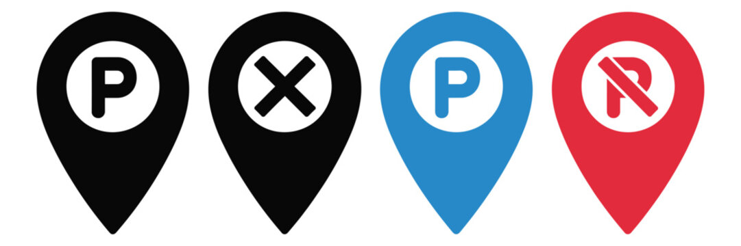 Parking and no parking icon sign inside location map pin icon, white background, no parking vector icon set, parking prohibition road symbols