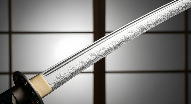 Close up of a japanese katana sword blade detail with patterned steel