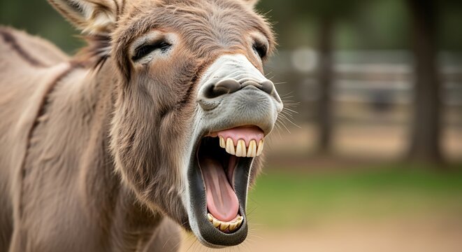 Close up of a donkey braying with teeth visible against natural backdrop