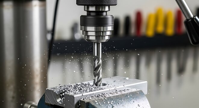 Close up of a drill press in action creating a precise hole in metal