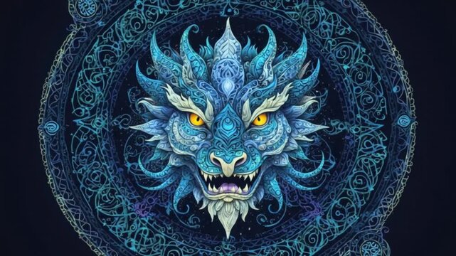 mystical dragon mandala composed of vibrant fantasy neon hues, motion