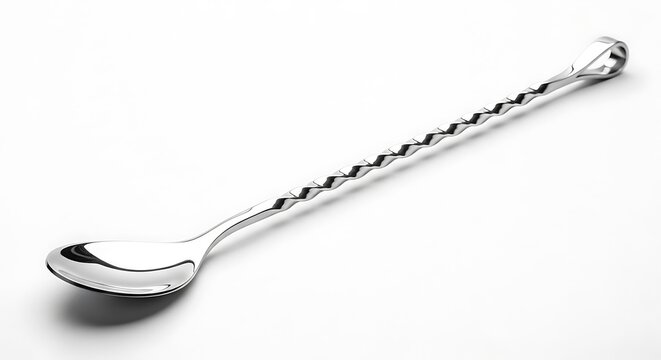 Close up of a silver bar spoon on a white background