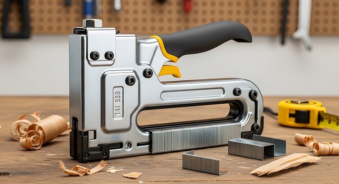 Close up of a silver staple gun on a wooden workbench with tools