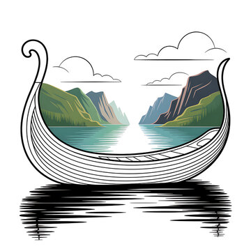 Viking Boat Adventure: Explore a Mystical Journey Through Serene Lake Mountains in Whimsical Cultural Vector Art