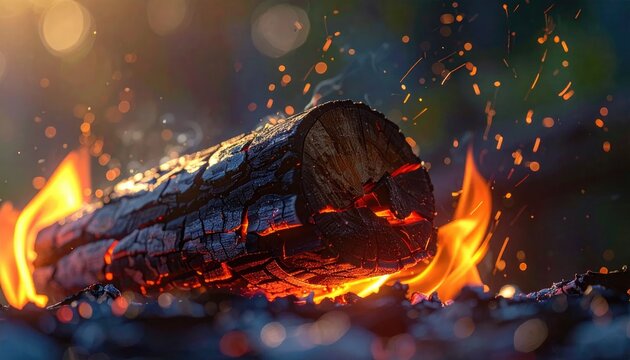 Close-up of a burning log with glowing embers in a forest setting
