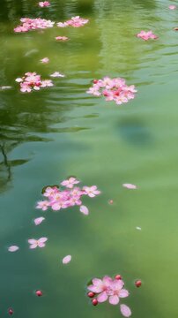 Cherry Blossoms Floating on Green Water Generative AI