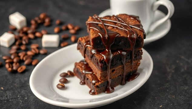 Decadent chocolate cake slice with crumbly topping and coffee cup