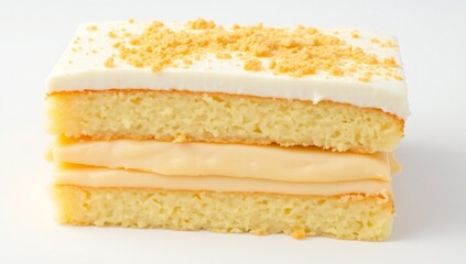 Fototapeta premium Delicious slice of layered vanilla cake with crumb topping and cream filling
