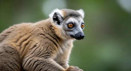 Fototapeta premium Close up of a ring tailed lemur against a blurred green background