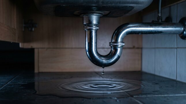 Water damage under a sink from a leaking pipe, with droplets falling into a puddle on the floor