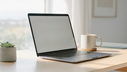 Fototapeta premium Modern Laptop and Coffee Mug on Desk: A sleek, modern laptop with a blank screen sits on a wooden desk, bathed in soft, natural light.