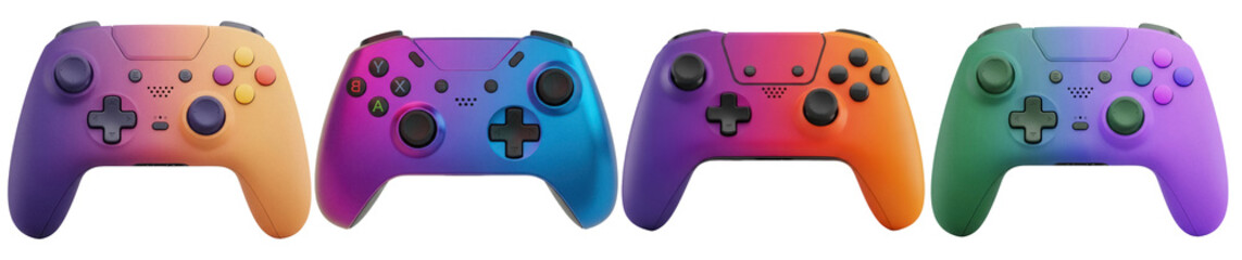 Modern gaming controllers showcasing vibrant gradient color schemes. © FoodPNG