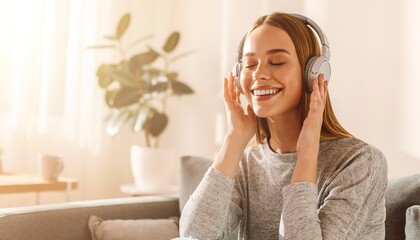 Naklejka premium Melody Bliss: A young woman with eyes closed in delight, engrossed in music with headphones on, bathed in warm sunlight streaming into a cozy living room.