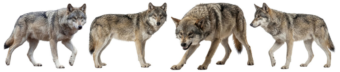 Majestic gray wolves captured in dynamic poses, showcasing their wild beauty and powerful presence on a transparent. © FoodPNG