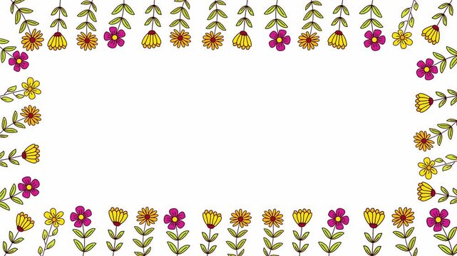 Rectangular border made of colorful flowers and green leafy stems