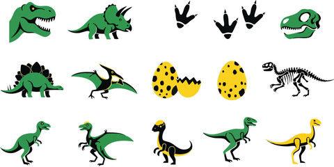 Fototapeta premium Dinosaur vector icons set, prehistoric animal silhouettes and skeletons, green and yellow jurassic creature collection with eggs and footprints