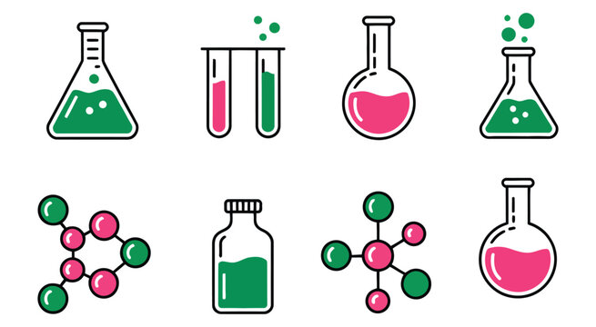 Science illustration chemical flasks and molecules, chemistry lab equipment and molecular structure icons, modern flat vector illustration