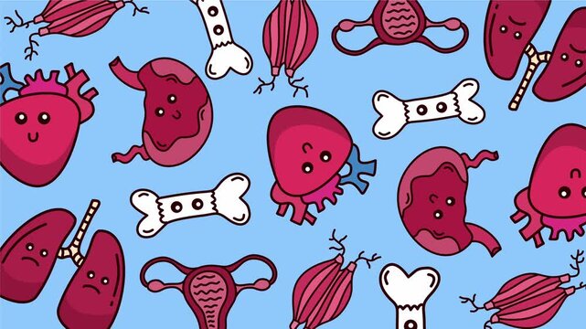 Pattern featuring various cute human body organs and white bones
