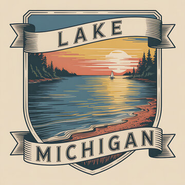 Vintage Lake Michigan Sunset Illustration: Serene Scenic Adventure with Sailboat, Trees and Rustic Badge Art 
