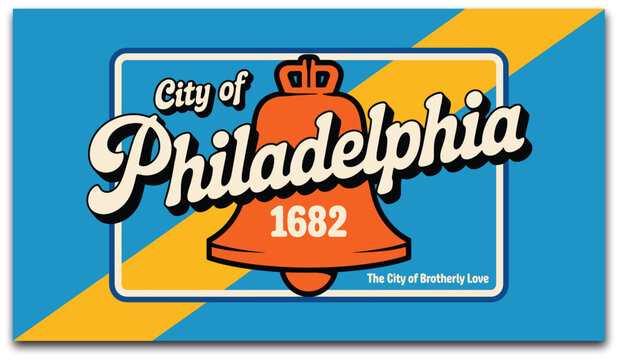 Philadelphia USA vintage travel poster illustration, retro tin plaque sticker with Liberty Bell symbol for tourism and souvenir postcard design.