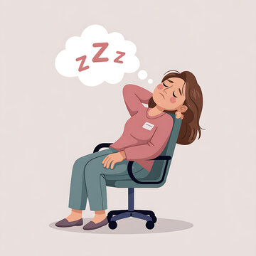 Cartoon Illustration of a Sleeping Woman in Office Chair Showing Relaxed Posture for Stress Relief and Mental Wellness During Work Fatigue Daydreaming in Creative Workspace 