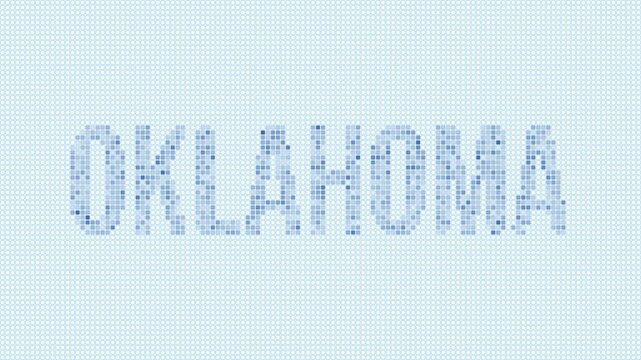 Oklahoma, United States dotted map animation. Digital style shape of the state. Oklahoma, United States shape and title dots appear with bulb flickering effect. Intro, outro, logo, title video.