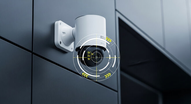 Advanced white surveillance camera with a futuristic digital interface overlay mounted on a modern dark wall, highlighting security, monitoring, and smart technology capabilities for protection.
