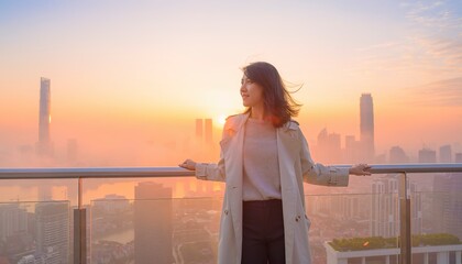 Fototapeta premium Urban Dawn's Contemplation: A woman on a rooftop, silhouetted against a cityscape bathed in the warm hues of sunrise. She gazes at the horizon, the city awakening, with a sense of peace and optimism.