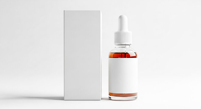 A clear glass dropper bottle filled with amber liquid stands next to a white box on a clean white background, ready for product placement.