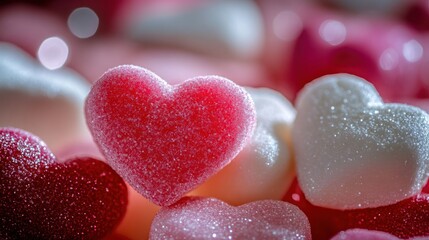 Obraz premium Close-up of various sugared heart candies; red, pink and white, soft focus
